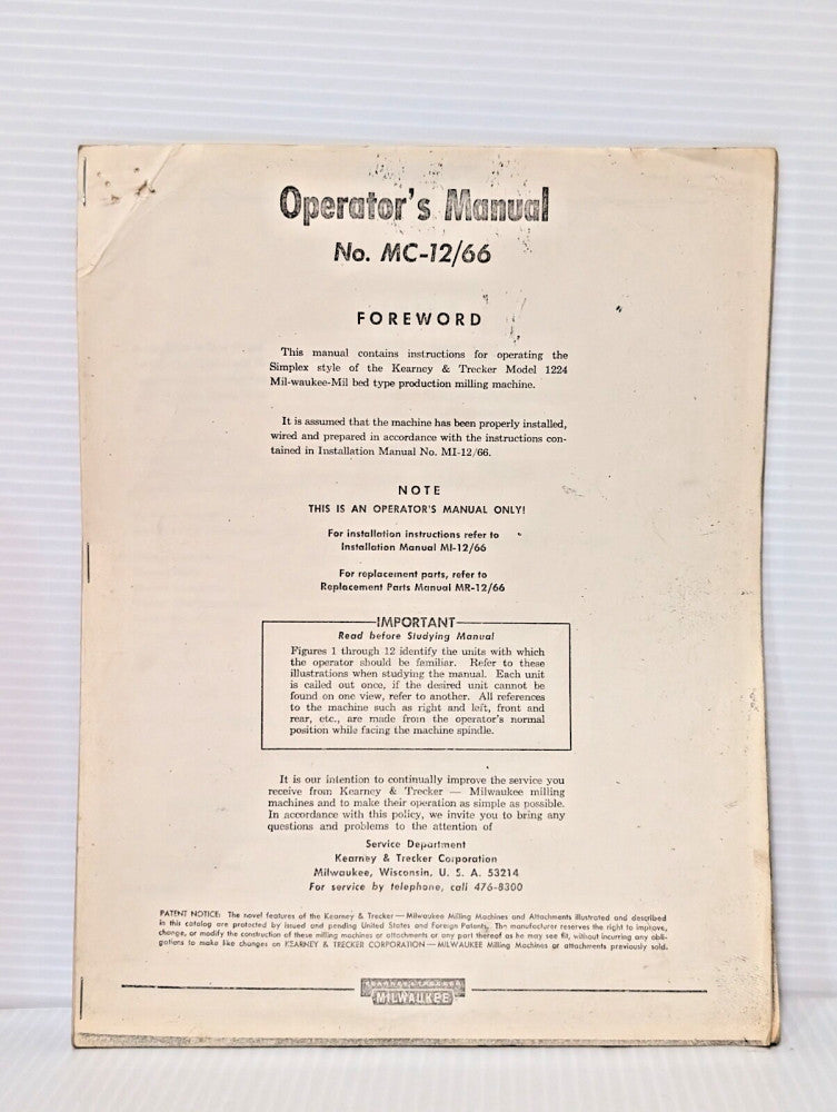 Kearney & Trecker Milwaukee No. 12/66 Mill Bed Milling Machine Manual, as shown