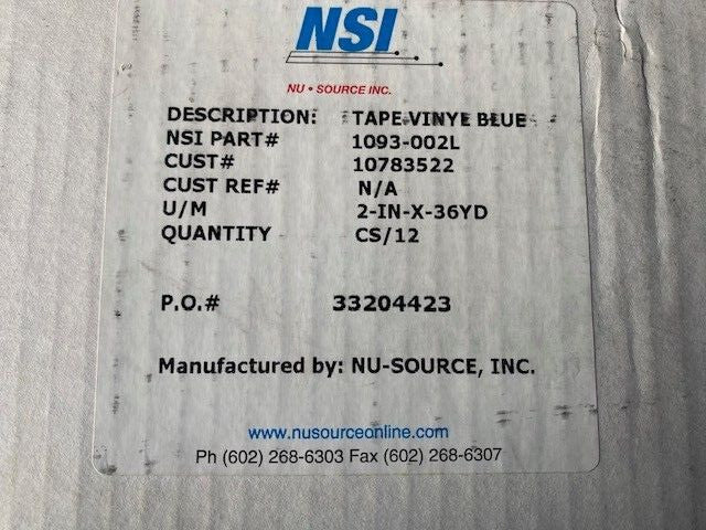 (12 PACK) NSI Tape Vinyl, Blue, 2" x 36 YD, 1093-002L (NEW)