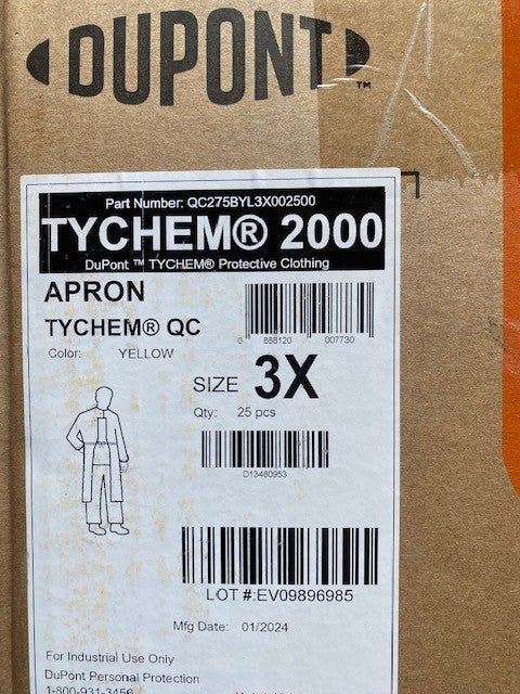 25 PACK Dupont QC275BYL3X002500 Sleeved Apron, Elastic Wrists 44" Long Neck Loop