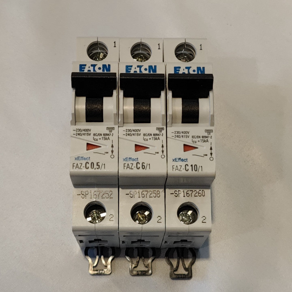 Lot Of 3 Eaton FAZ-C6/1, FAZ-C0.5/1, & FAZ-C10/1 xEffect Circuit Breakers