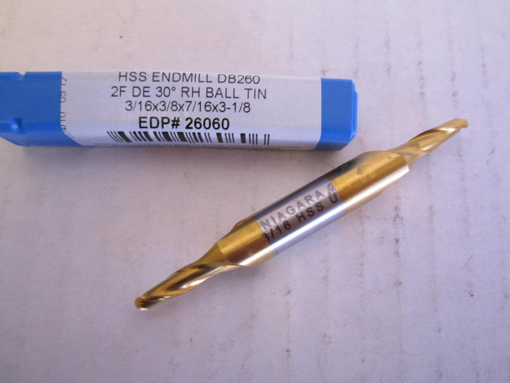 Niagara 3/16 x 3/8 x 7/16 x 3-1/8" Double Ball End HSS TiN 2-Flute Endmill 26060
