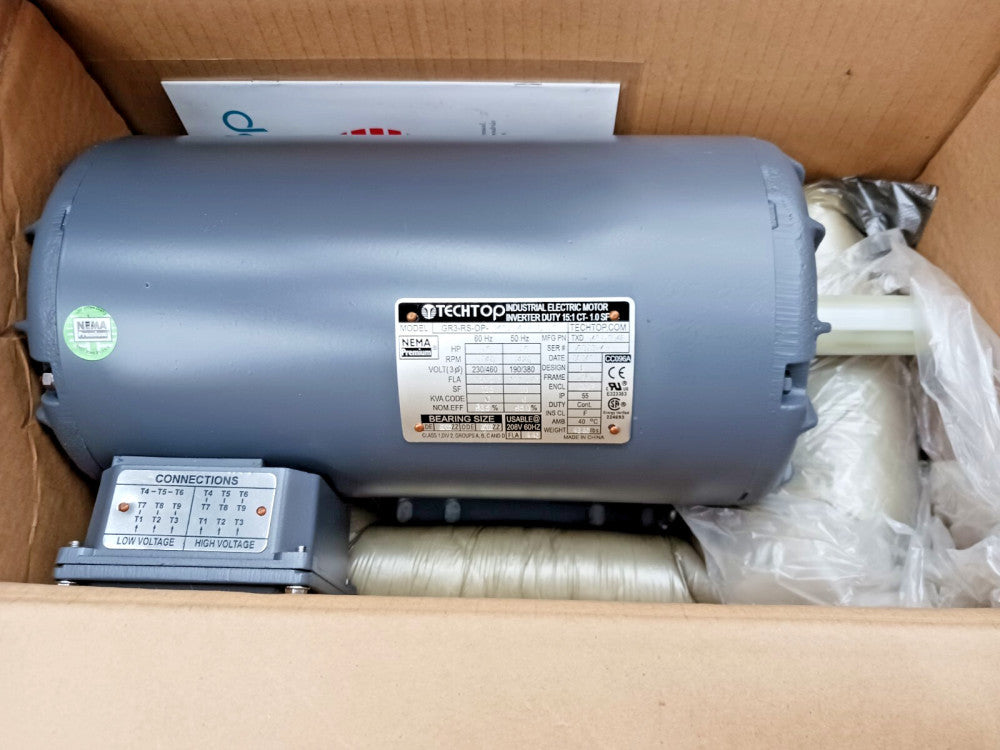 NEW TechTop 1.5 HP Ac Electric Motor 145T Frame 208-230/460 VAC 1740 Rpm ODP GR3
