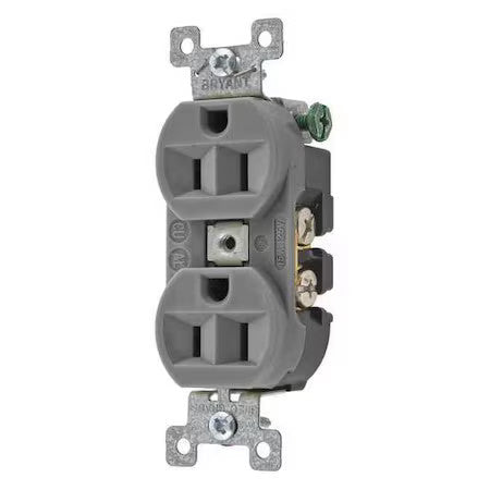 Bryant 5262Bgry Straight Blade Receptacle, 5-15R, 15 A, 125V Ac, 2 Pole, 3