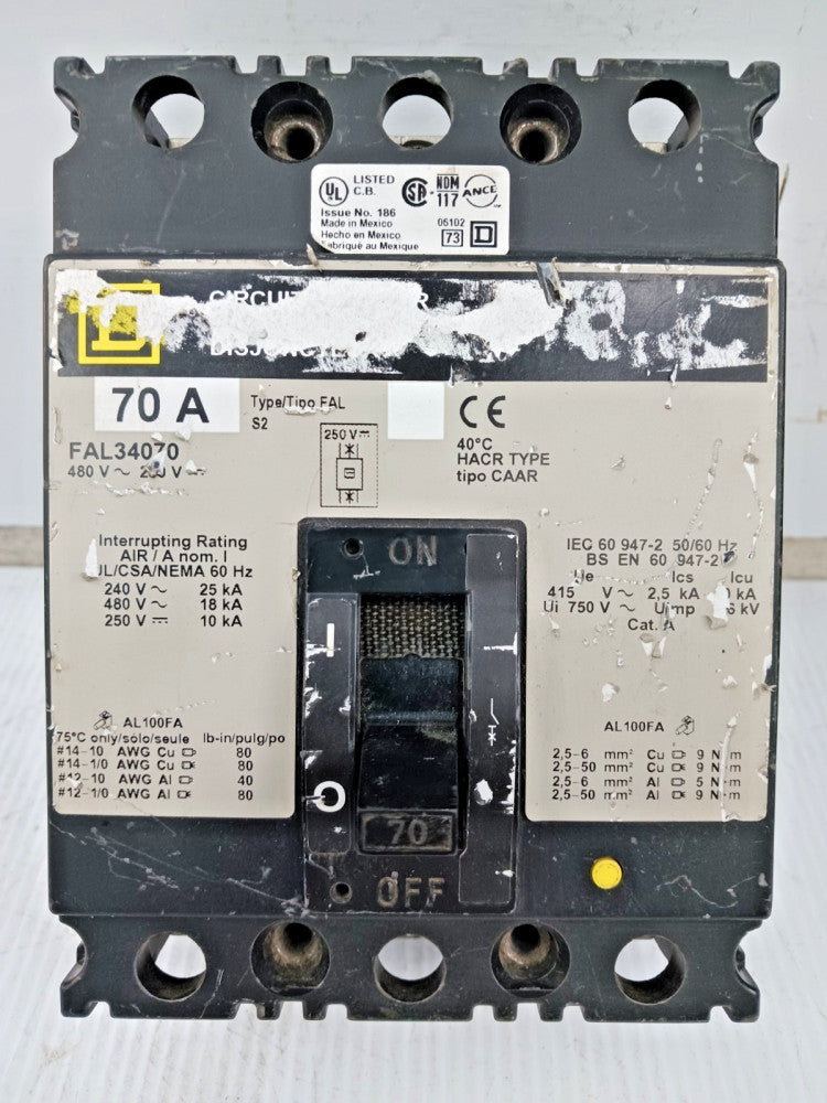 Square D 70 Amp Circuit Breaker 3 Pole 480 VAC / 250 VDC 18kA FAL34070 *Flaw*