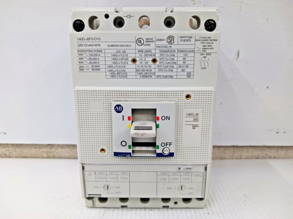 ALLEN BRADLEY 150 AMP CIRCUIT BREAKER 3 POLE 600 VAC / VDC 65kA 140G-J6F3-D15