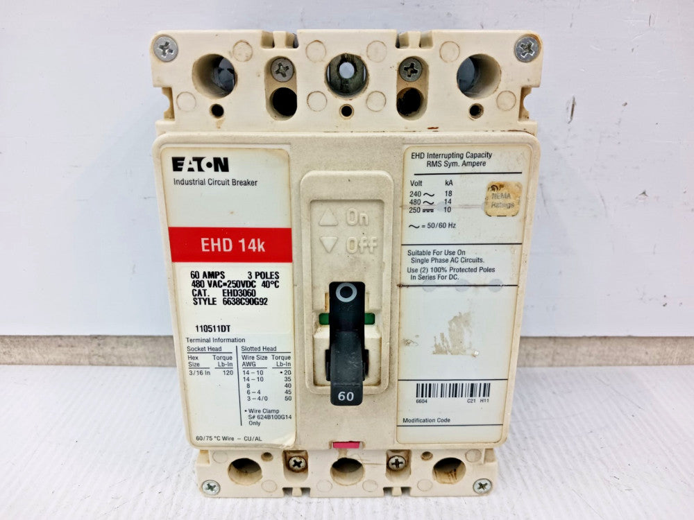 Eaton 60 Amp Circuit Breaker 3 Pole 480 VAC / 250 VDC 14kA EHD3060 *Chipped*