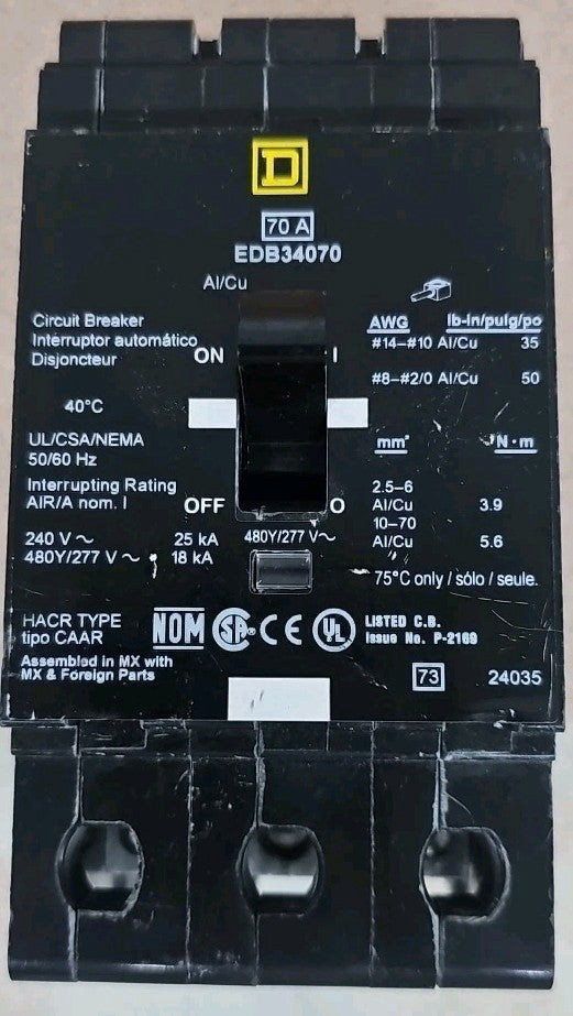 Square D EDB34070 3-Pole 70 AMP CIRCUIT BREAKER NTO
