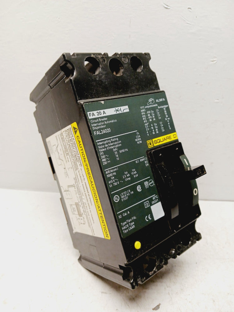 NEW SQUARE D FAL24020 20 AMP CIRCUIT BREAKER 2 POLE 480 VAC 250 VDC 25KA