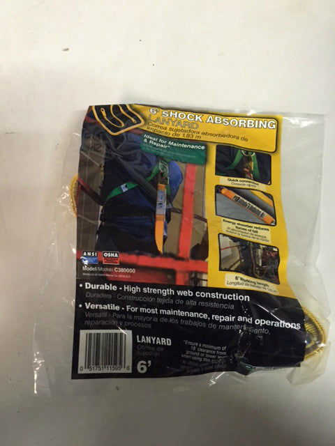 Shock Absorbing Lanyard C380000 6-ft Working Length Jobsite Safety (NEW)