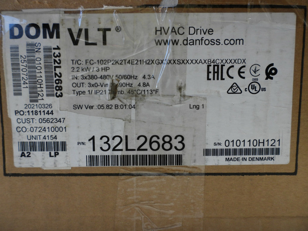 Danfoss 132L2683 VLT HVAC Drive 2.2 kW (400V) 3.0 HP (460V) FC-102P2K2T4E21H2XGX