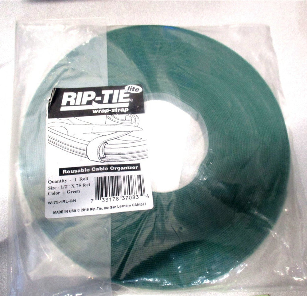 Rip-Tie (W-75-1RL-GN) 1/2" x 75' Green Nylon Wrap Hook-and-Loop Cable Tie Roll