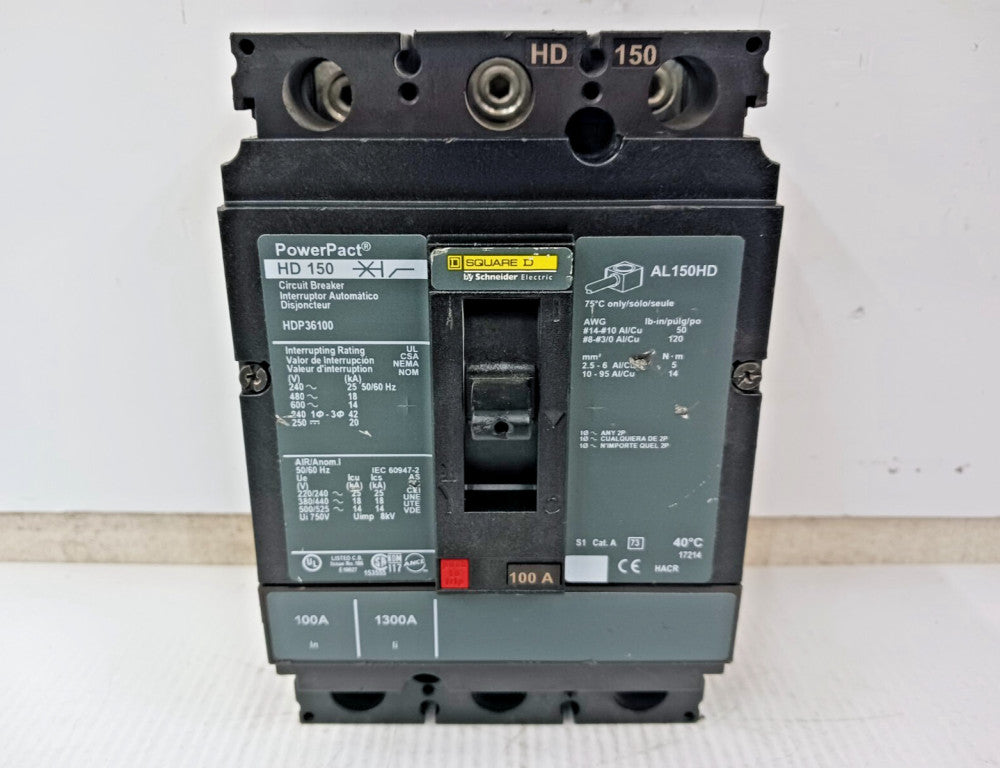Square D PowerPact 100 Amp Circuit Breaker 3P 600 VAC / 250 VDC 18kA HDP36100