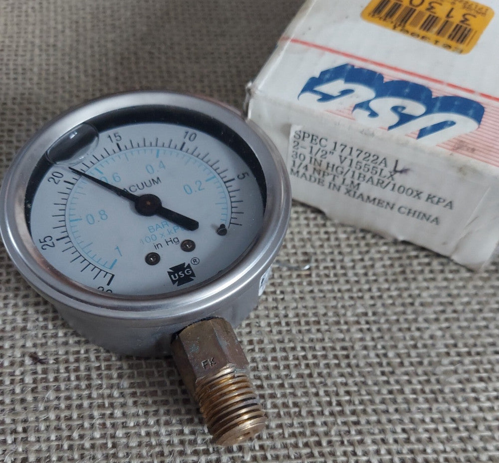 USG Ametek 17122AL Vacuum Gauge 2-1/2" V1555LX. 1/4 NPT. 30 IN HG/1BAR/100X KPA