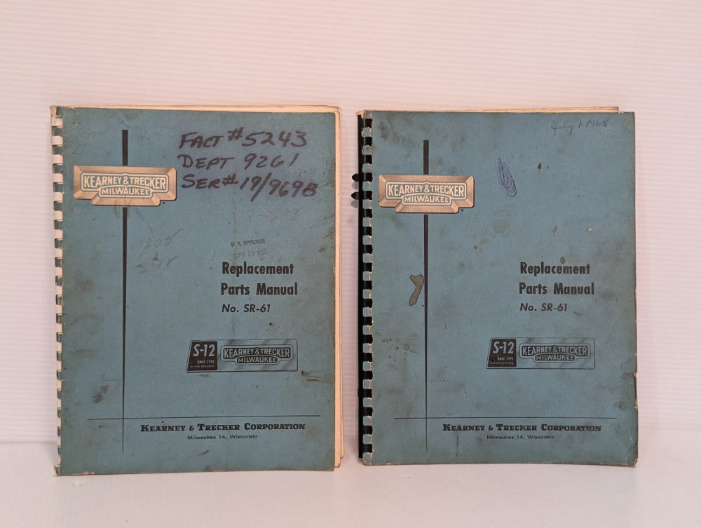 Lot of 2: Kearney&Trecker SR-61 Parts Manuals for S-12 Knee Type Milling Machine