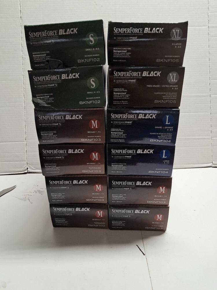 12 Boxes SemperForce BKNF105 Black Nitrile Exam Gloves Size Mixed
