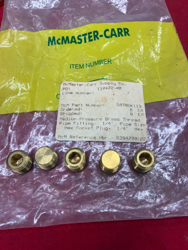MCMASTER-CARR SUPPLY CO 1/4" HEX SOCKET PLUG PART #: 50785K113 (LOT OF 5)