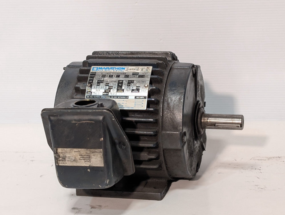 Marathon V 143TTTC4026BB Induction Motor, 1 HP 208-230/460VAC, 3/4HP 190/380VDC