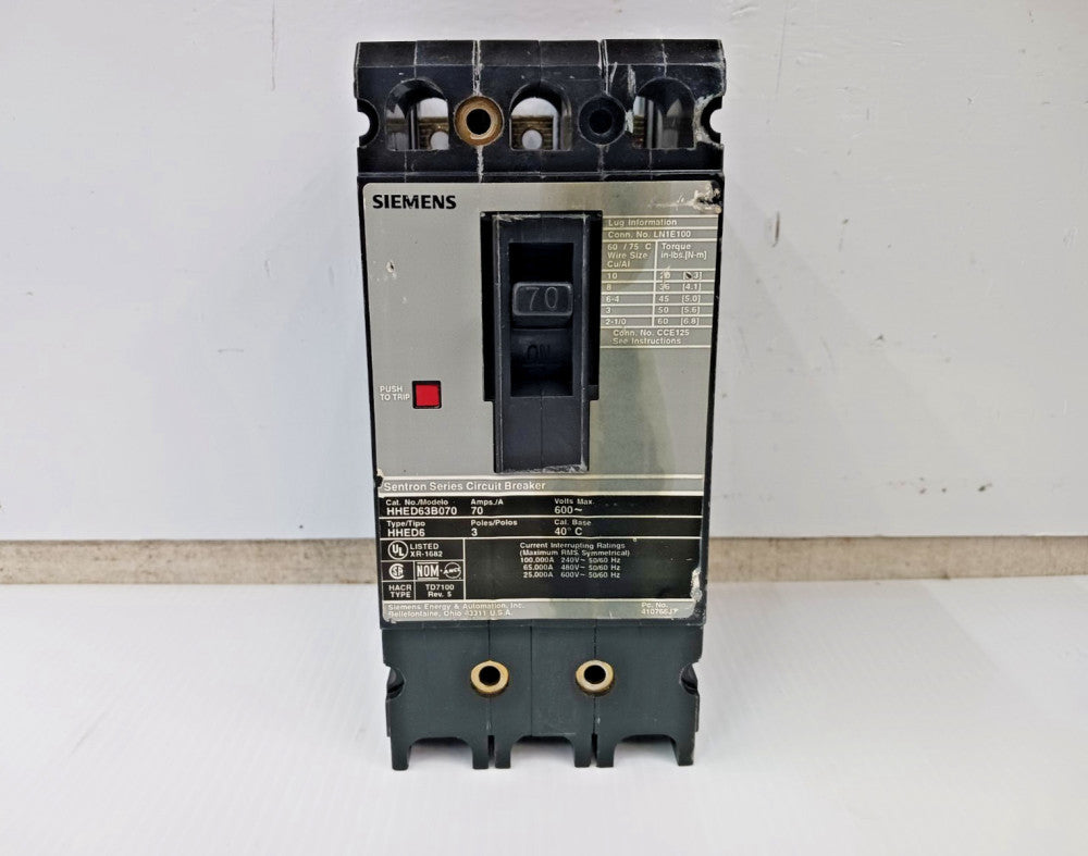 Siemens Sentron 70 Amp Circuit Breaker 3 Pole 600 VAC 65kA HHED63B070