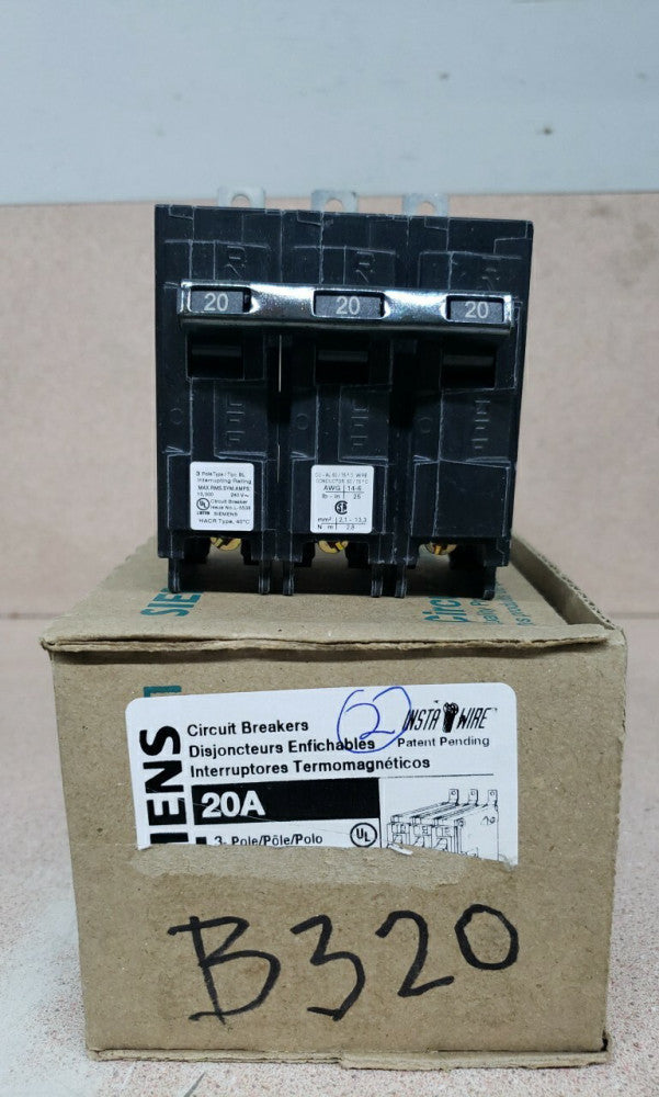 1) New! Siemens B320 3 Pole 20 Amp 240v Bolt-On Circuit Breaker - Black