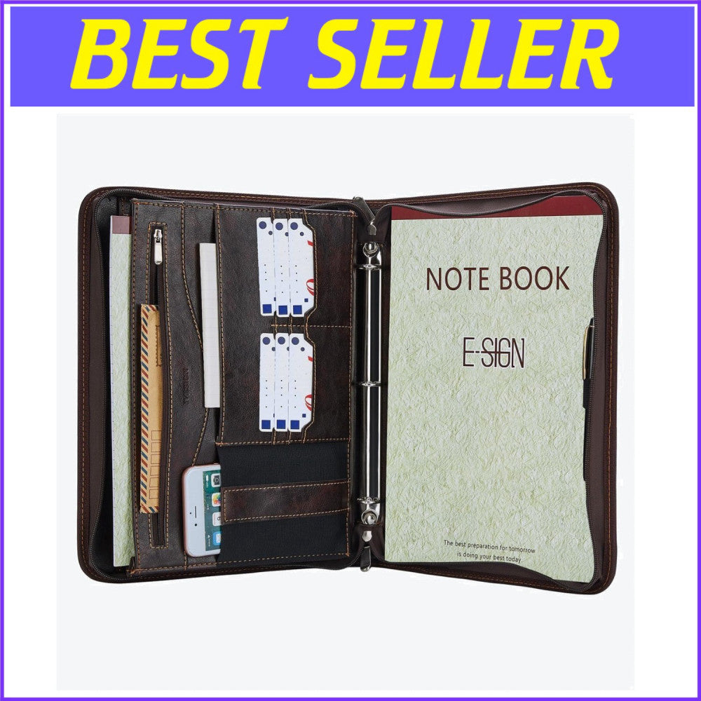 Left-Handed Faux Leather Padfolio with 3-Ring Binder & 14 Pockets - Dark Brown