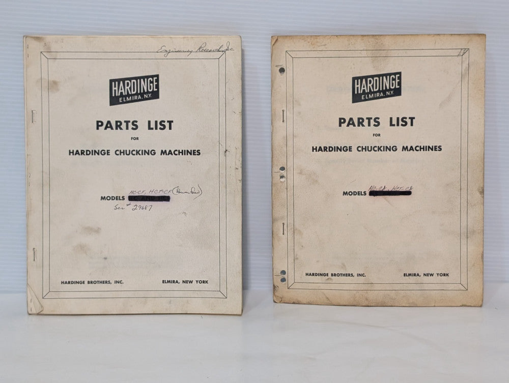 Pair of Hardinge Parts List Catalogs for HC-CF, HCT-CF Chucking Machines