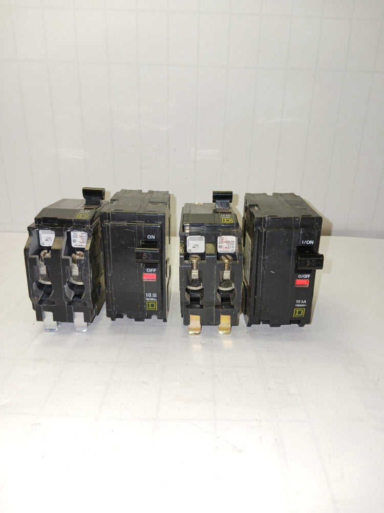 LOT OF 4) SQUARE D QO250 50 AMP CIRCUIT BREAKER PLUG IN 120/240 VAC 10 KA