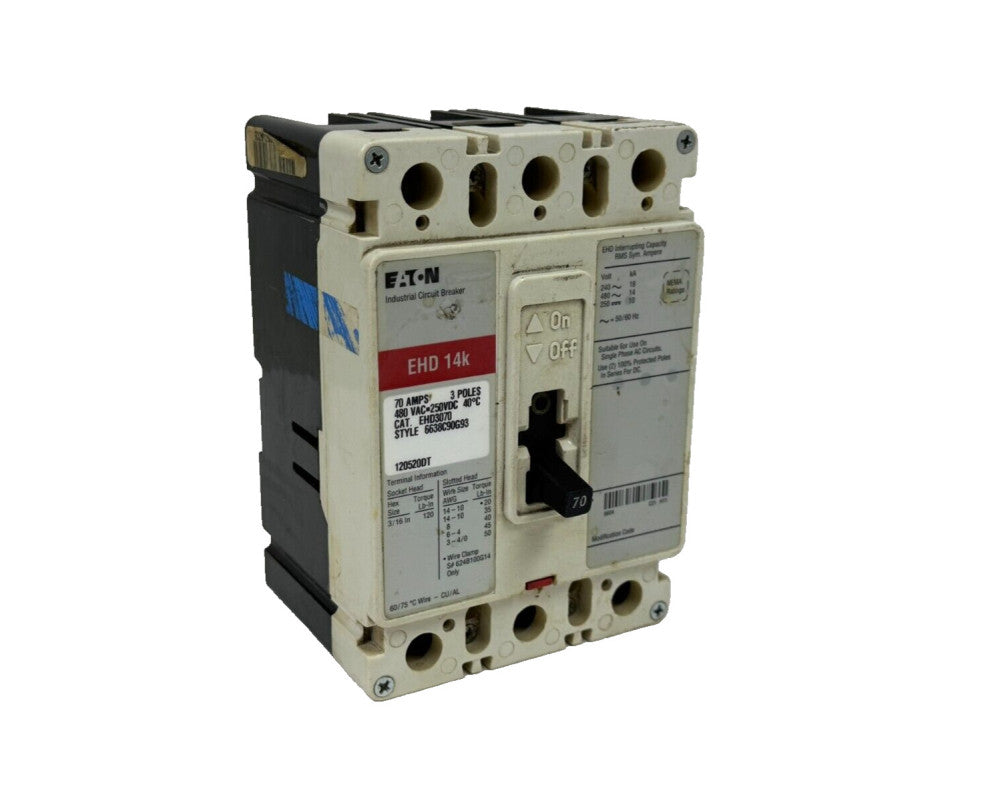 USED EATON EHD3070 CIRCUIT BREAKER 6638C90G93 70A 480VAC 250VDC