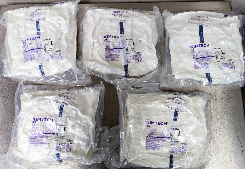 (5) Kimberly Clark Kimtech A5 Cleanroom Sterile Coveralls 88802 L VACUUM PACKED
