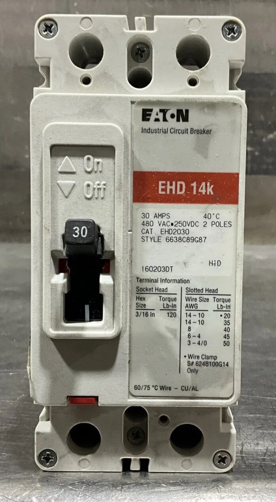 EATON CUTLER HAMMER EHD2030, 30 AMP, 480VAC, 2 POLE, MOLDED CASE CIRCUIT BREAKER