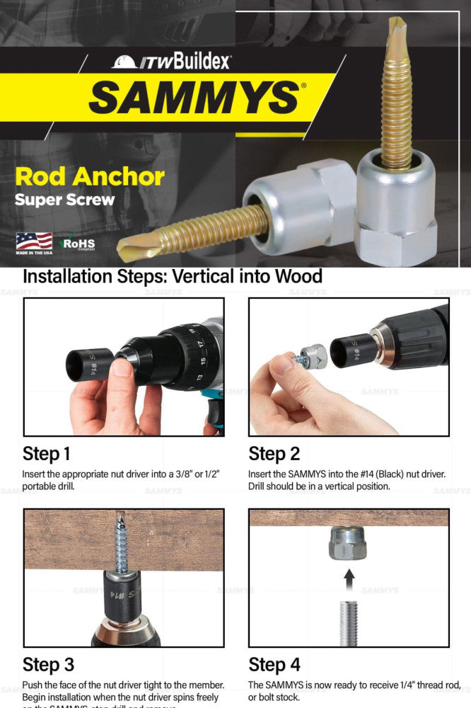 Sammys Vertical Rod Anchor Super Screw 1/4x2" w/ 3/8" Rod Fitting Zinc Pkg of 25