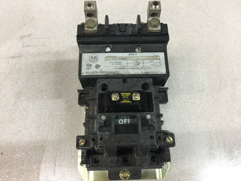 USED ALLEN BRADLEY SIZE 3 480 VAC 2 POLE 90 AMP 600 VAC CONTACTOR 500-DOB920