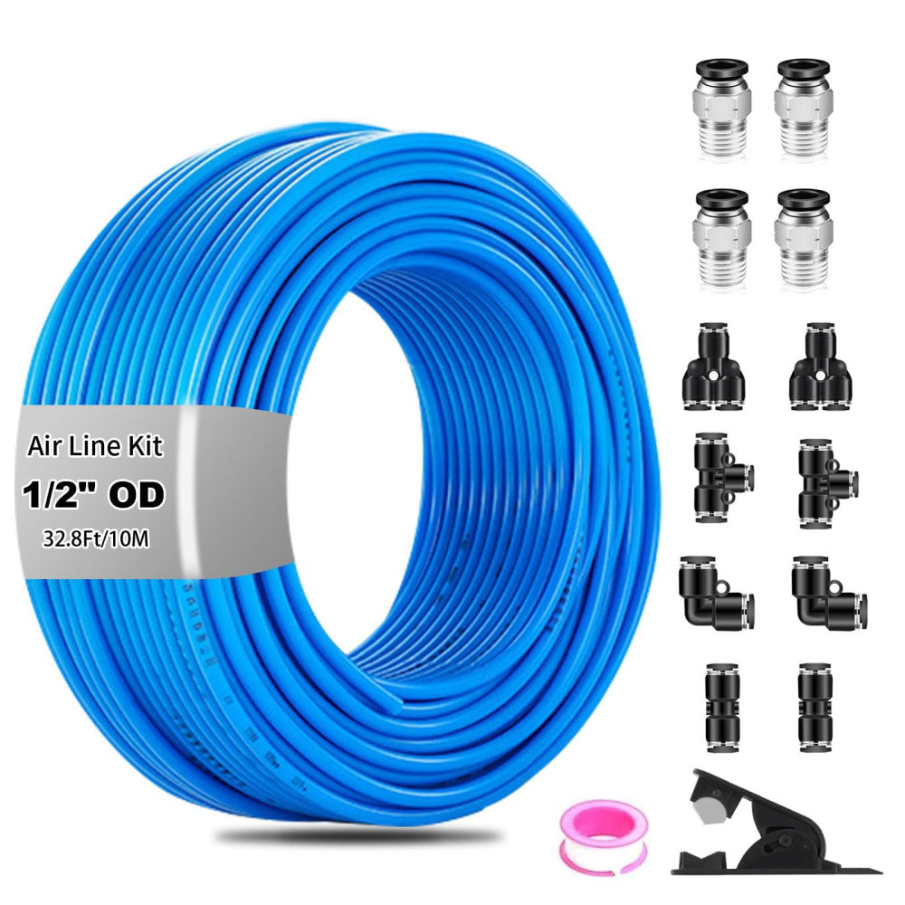 1/2" OD Air Line Kit 32.8ft Blue Hose Tubing with 13 Push to Connect Fittings