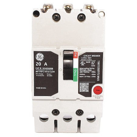 Ge Teyd3020b Molded Case Circuit Breaker, Teyd Series, 20A, 3 Pole, 277/480V