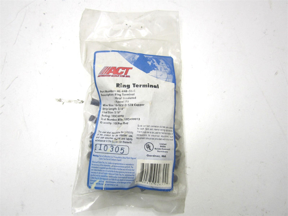 ACT (AL-R4B-56-C) 16-14 AWG Blue Vinyl Ring Terminals - Pack of 100