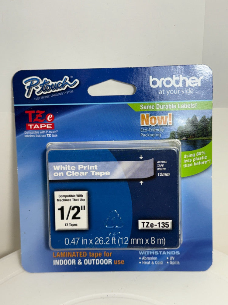 Brother P-Touch Labeler TZe Tape TZe-135 White Print on Clear Tape 1/2" 12mm