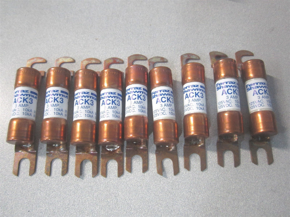 Ferraz Shawmut ACK3 125VAC 3 Amp Time Delay Round Forklift & Truck Fuse - Qty 9