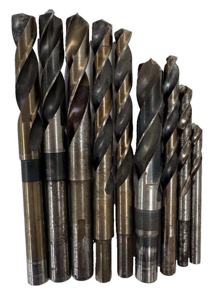 ASSORTED LOT OF 9 DRILL BITS, STEEL MATERIAL, REDUCED & MODIFIED SHANKS
