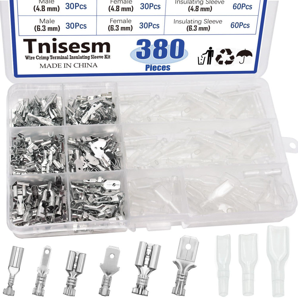 Tnisesm 380Pcs Quick Splice 2.8/4.8/6.3Mm Male and Female Wire Spade Connector W