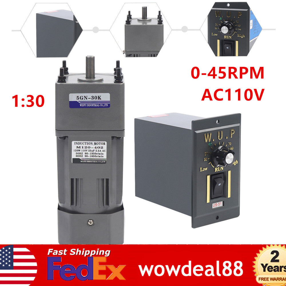 110V 120W AC gear motor electric+variable speed reduction controller 1:30 45RPM