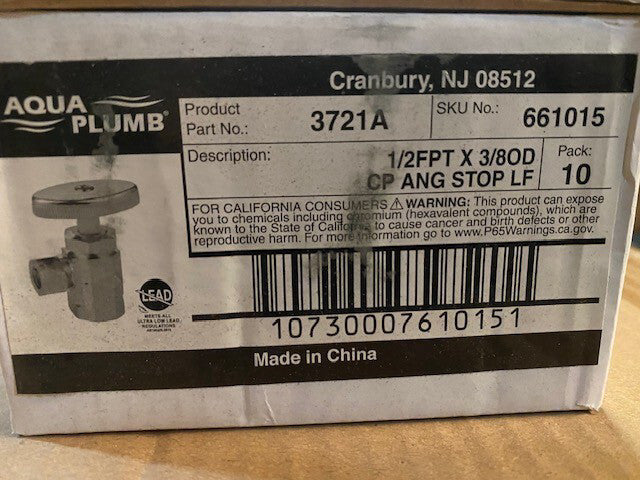 10 PACK Aqua Plumb 3721A 1/2FPT x 3/8Od CP ANG Stop Lf Shutoff Valves Stop Valve