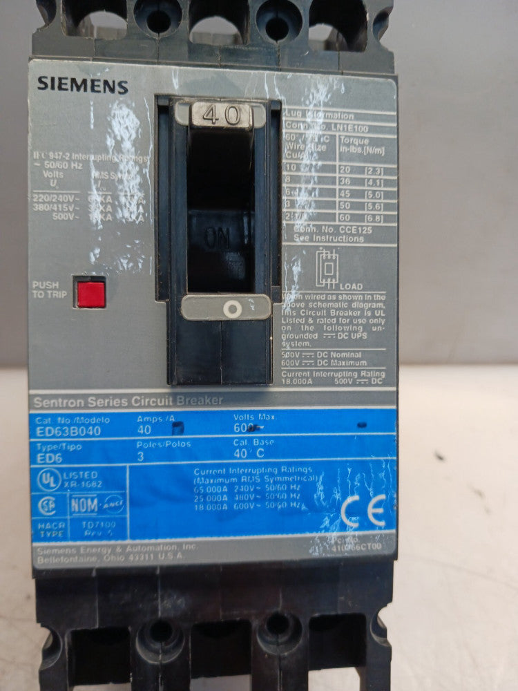 SIEMENS SENTRON 40 AMP CIRCUIT BREAKER 3 POLE 600 VAC ED63B040
