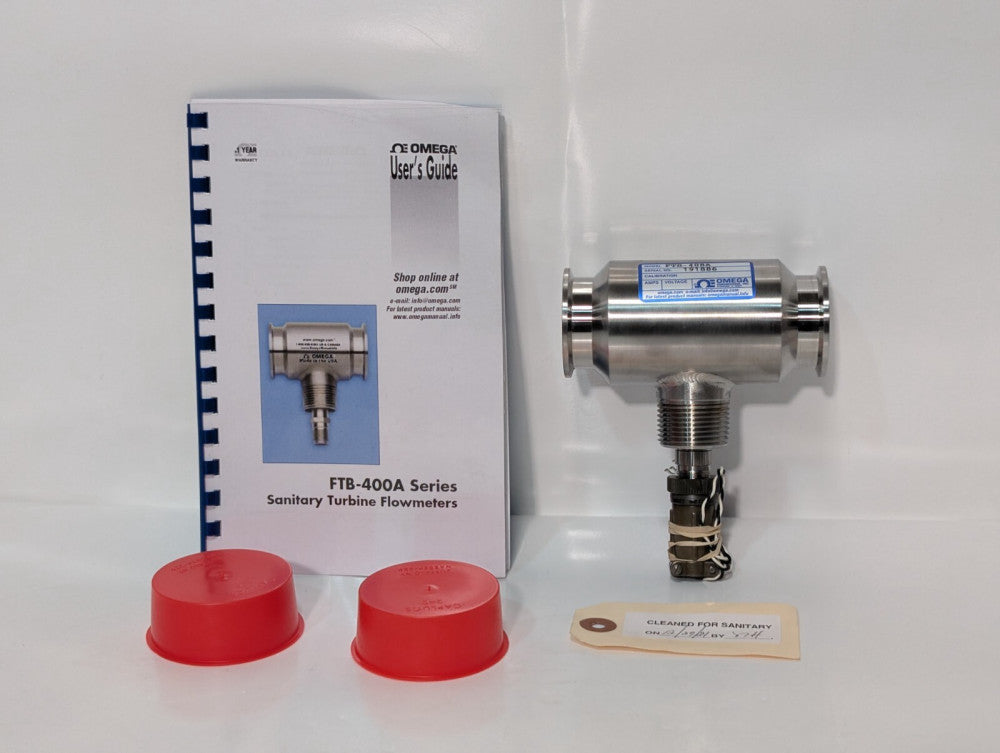 Omega FTB-408A Liquid Flowmeter, Sanitary Turbine 8-130GPM 30.3-492.1LPM 500PSI