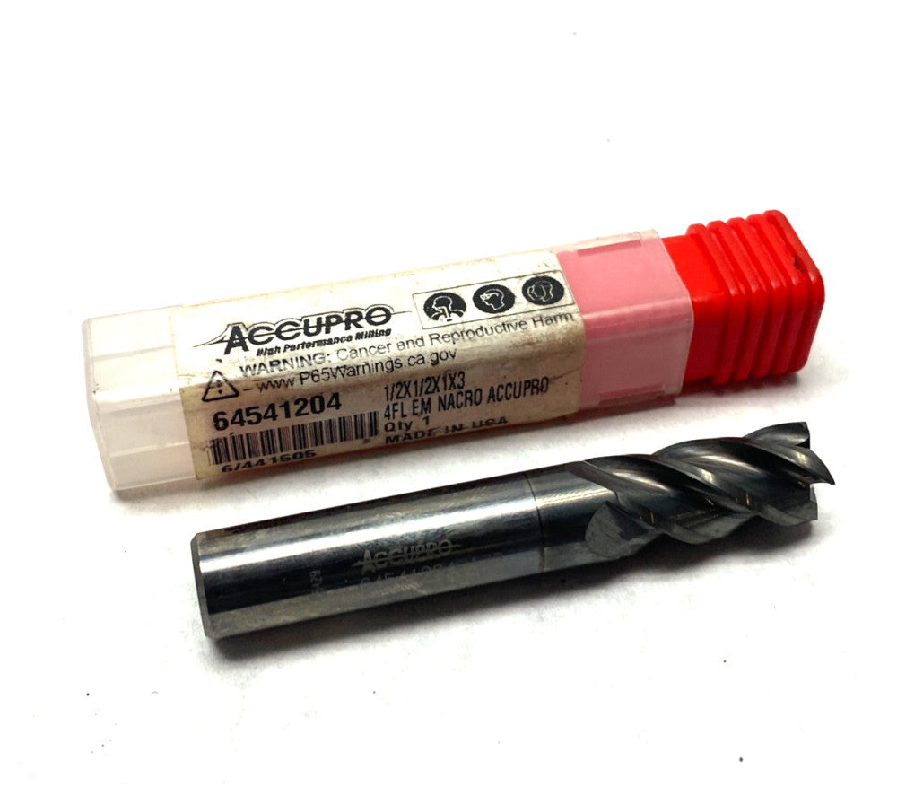 Accupro 64541204 Square End Mill: 1/2" Dia, 1" LOC, 4 Flute, Solid Carbide