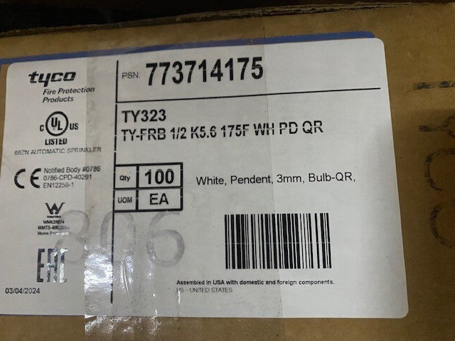 (Case of 100) Tyco TY1334 1/2 in. 175F 5.6K Pendent Sprinkler 773714175 (NEW)