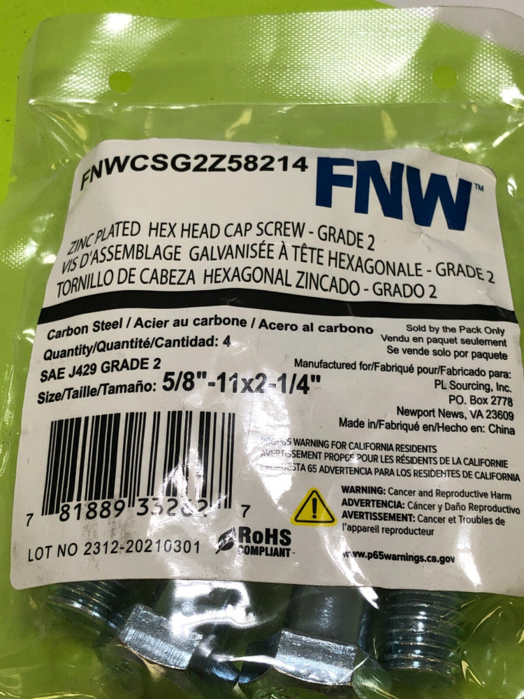 (35-Pk=140 bolts) FNW #FNWCSG2Z58214 Hex Head Cap Screw Zinc 2-1/4 x 5/8