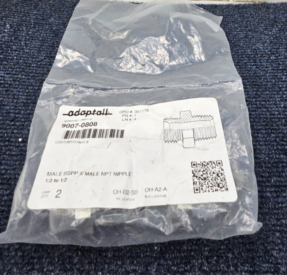 (QTY 2) ADAPTALL 9007-0808 Hose Adapter 1/2" BSPP 1/2" NPT 55DR55