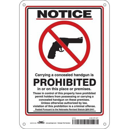Condor 453T37 No Concealed Weapons Sign, 10 In H, 7 In W, Aluminum, Horizontal