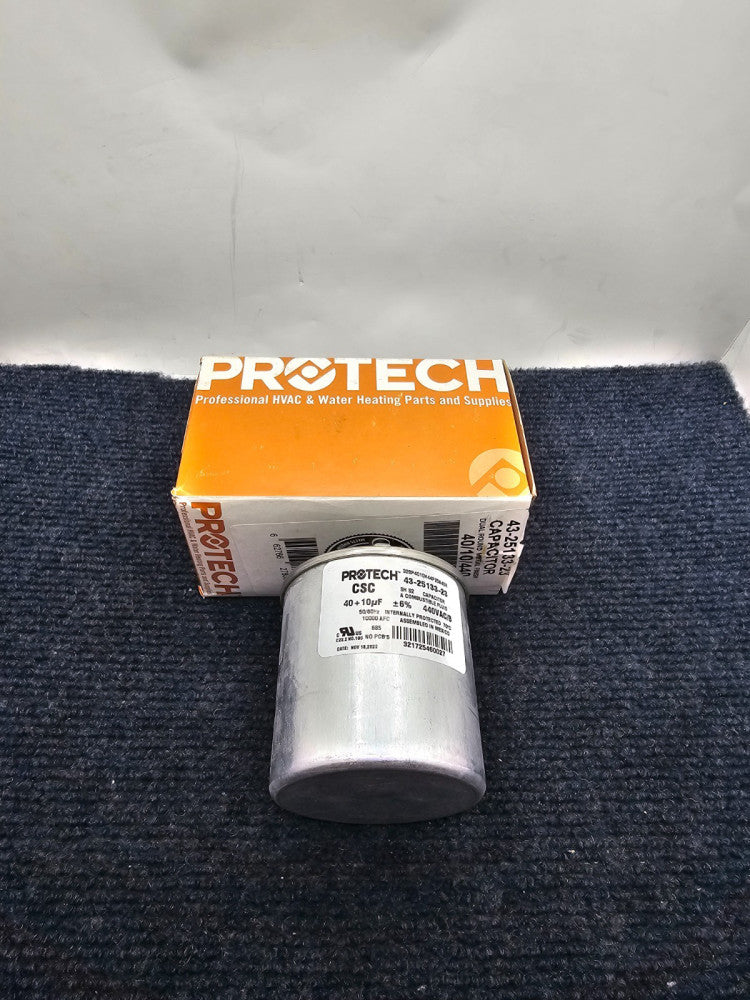 Protech 43-25133-23: 440VAC Dual Section Round Capacitor, 10 to 40 MFD
