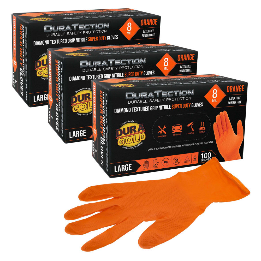 Duratection 8 Mil Super Duty Diamond Textured Nitrile Gloves, 300 Gloves, Large