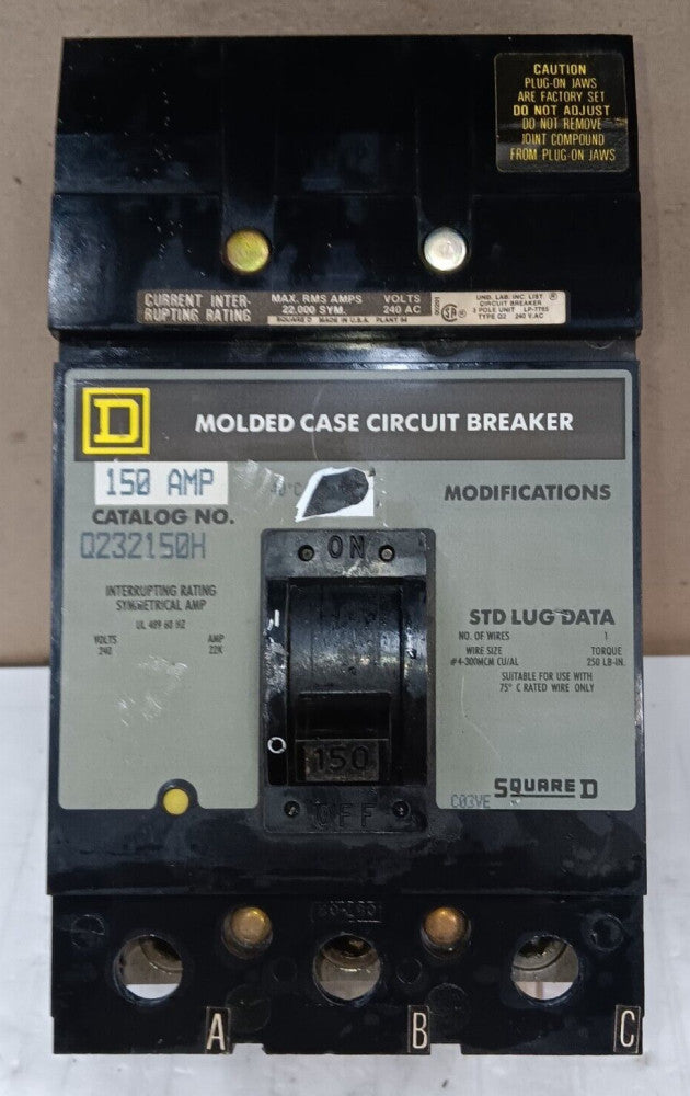 SQUARE D 150 AMP I-LINE CIRCUIT BREAKER 3 POLE 240 VAC 22kA Q232150H